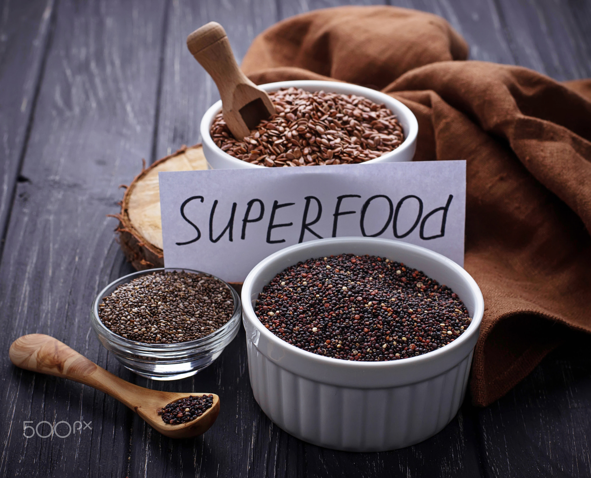 Various superfoods chia, quinoa, flax seed
