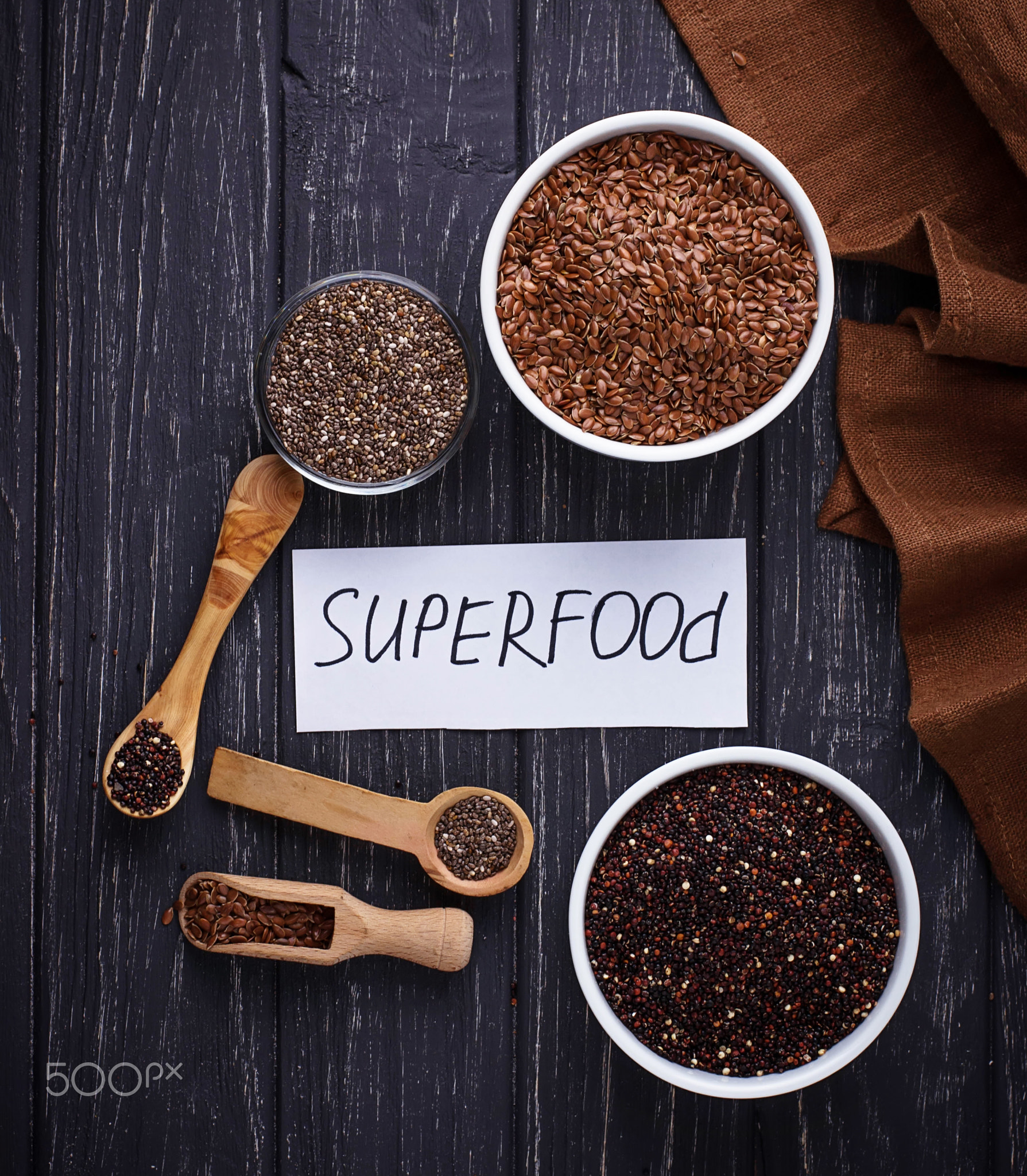Various superfoods chia, quinoa, flax seed