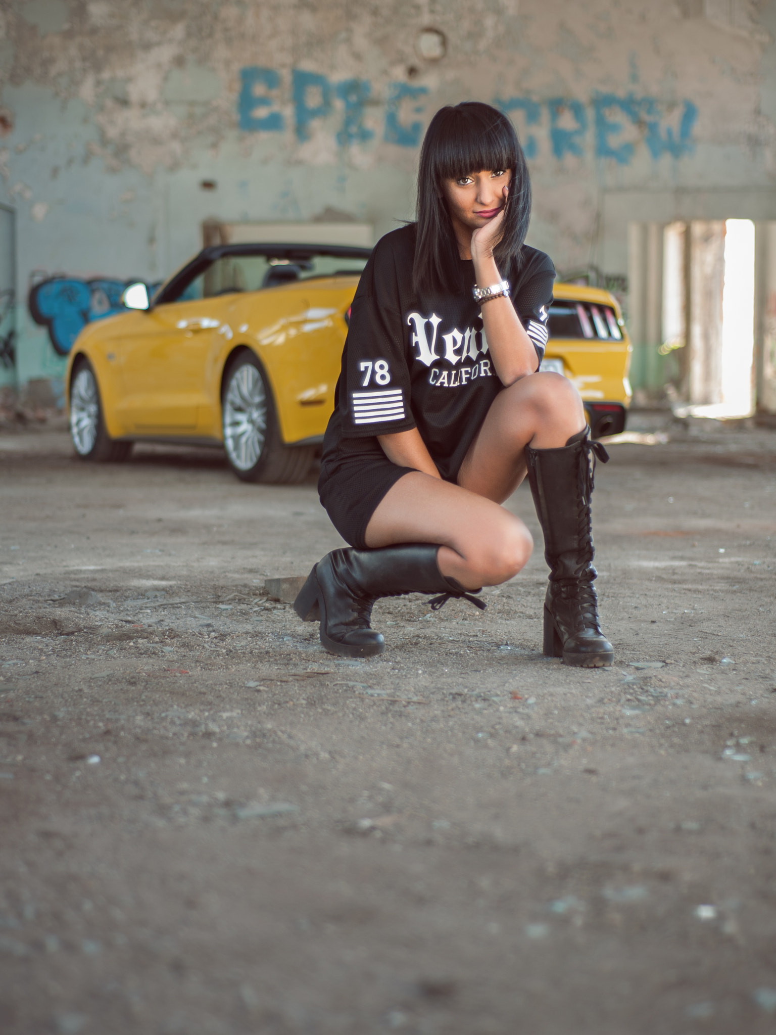 Nikon D3 sample photo. Girl and a yellow ford mustang photography