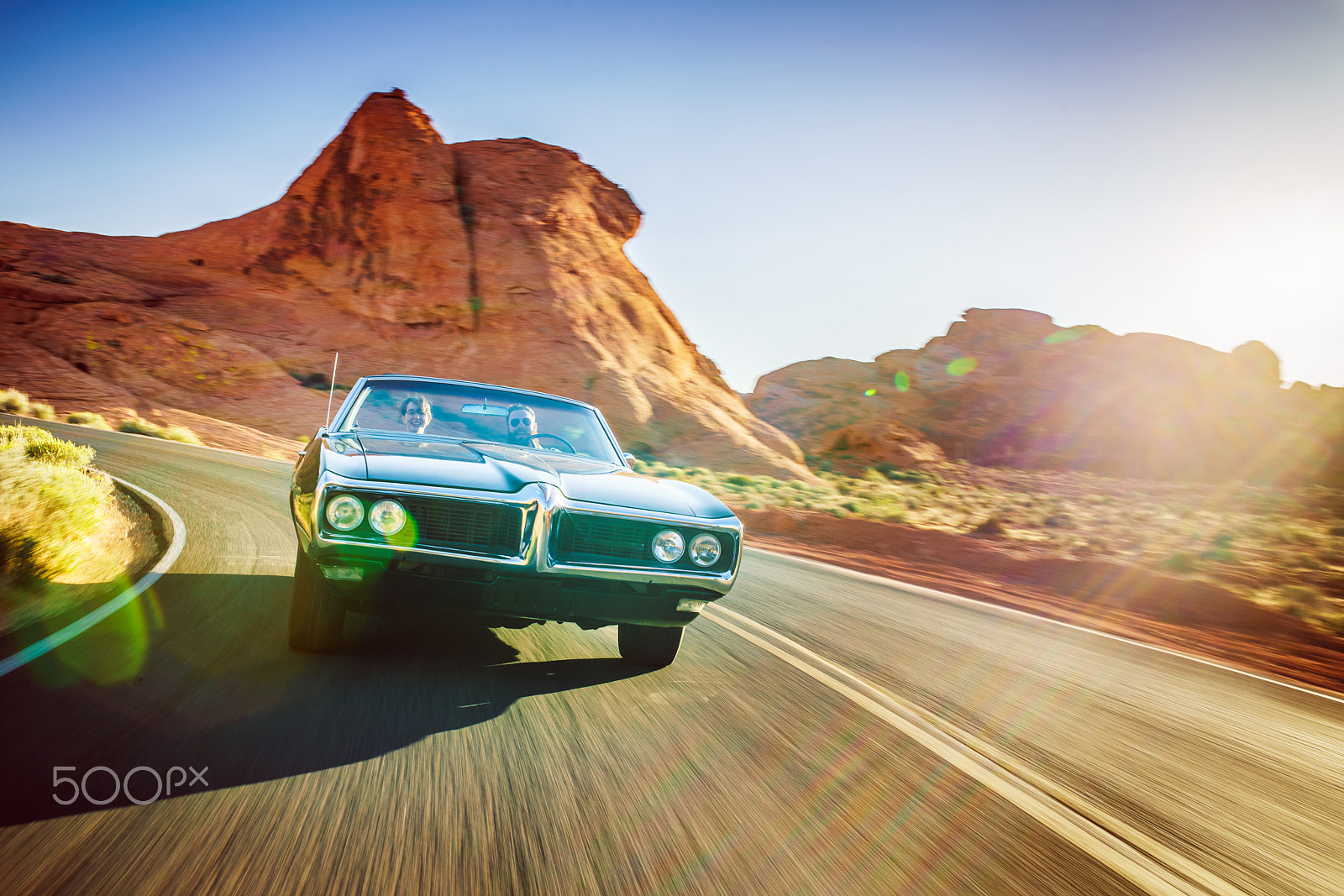 Sony a7R II + Sigma 35mm F1.4 DG HSM Art sample photo. Driving fast through desert in vintage hot rod car photography