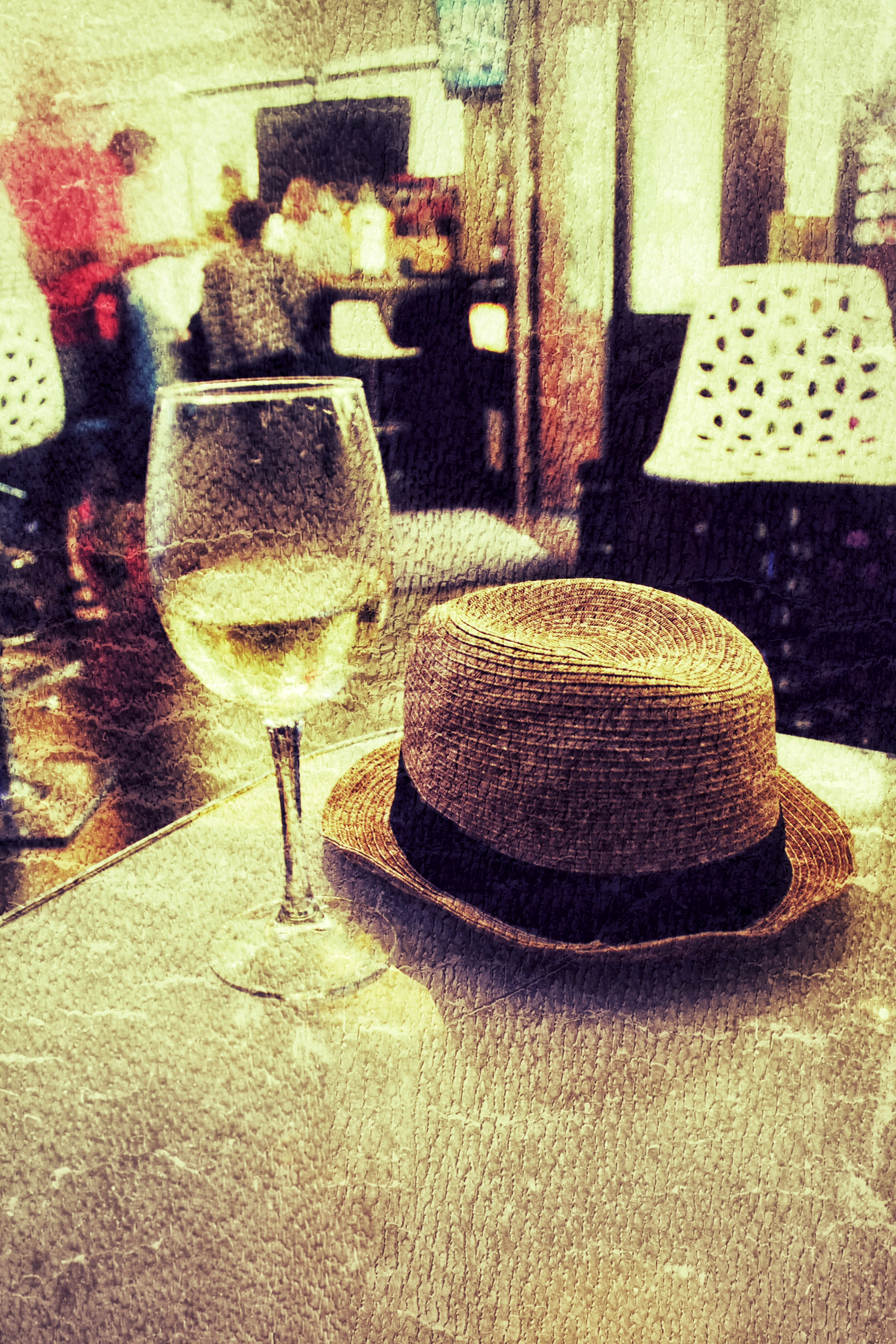 Canon EF-S 18-55mm F3.5-5.6 IS II sample photo. Glass of white wine and straw hat in bar photography