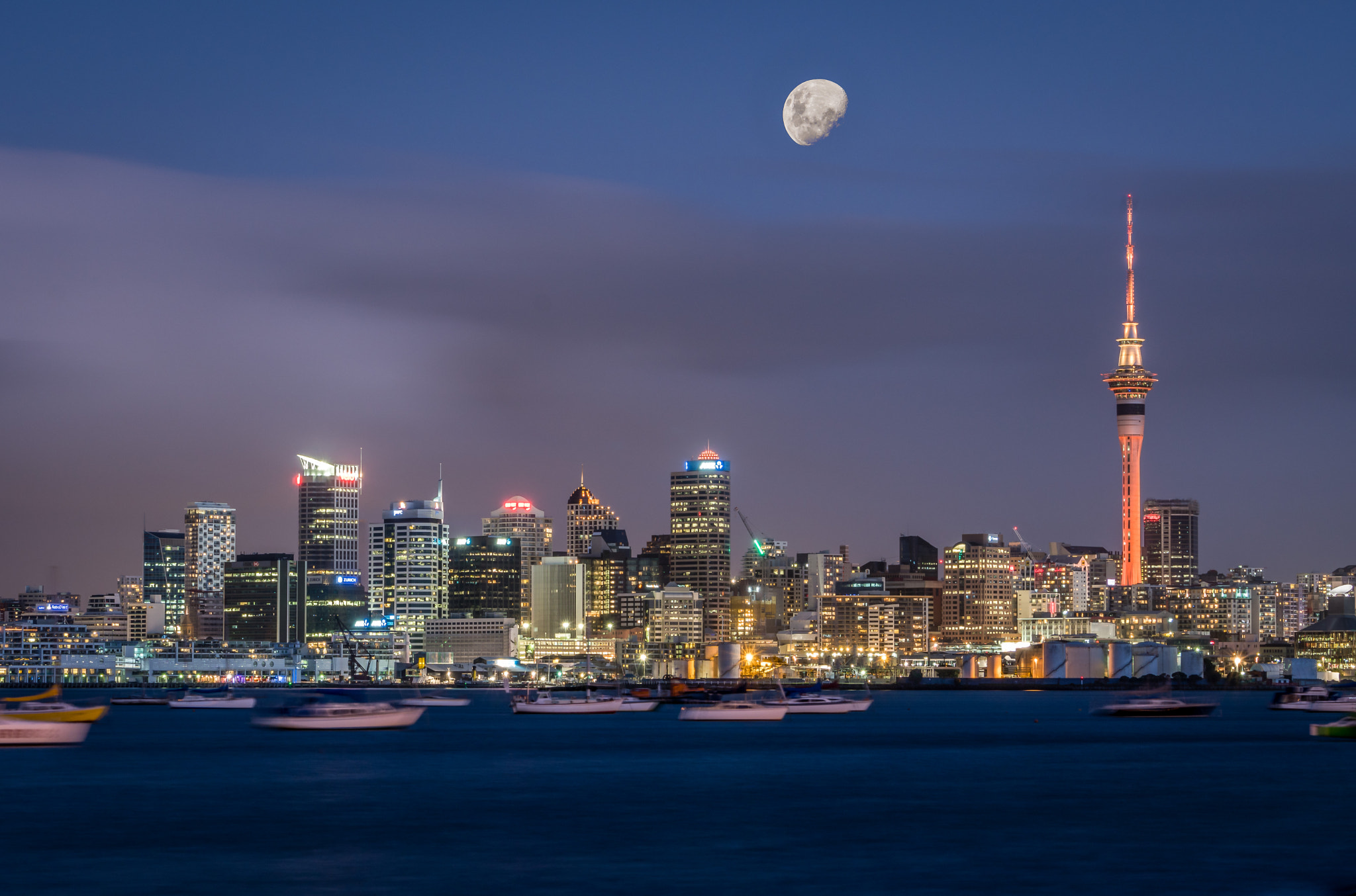 Sony a6300 + Sony FE 70-200mm F4 G OSS sample photo. Auckland skyline moon composite photography