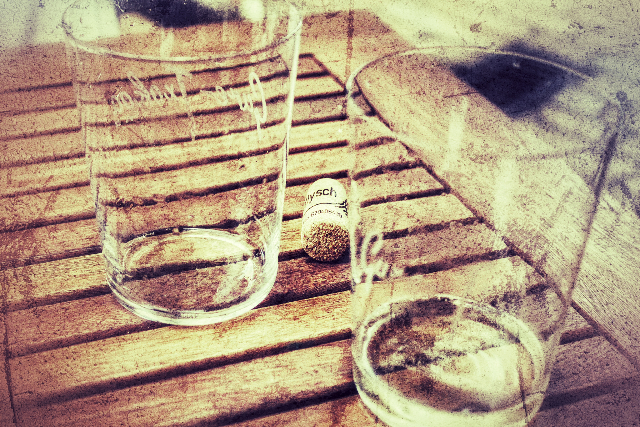 Canon EF-S 18-55mm F3.5-5.6 IS II sample photo. Two empty wine glasses and a wine bottle cork photography