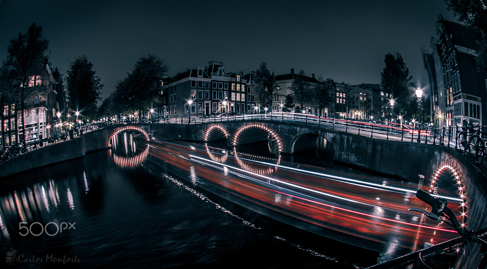 Canon EOS 70D + Sigma 4.5mm F2.8 EX DC HSM Circular Fisheye sample photo. Amsterdam canals night photography