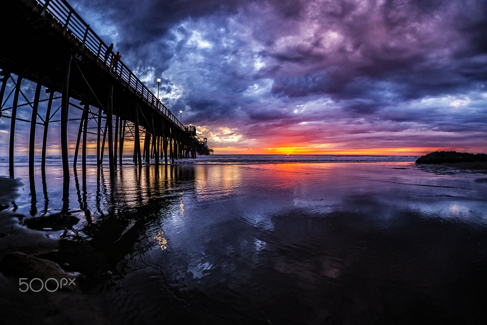 Nikon D600 + Sigma 15mm F2.8 EX DG Diagonal Fisheye sample photo. Reflections at sunset at oceanside pier photography