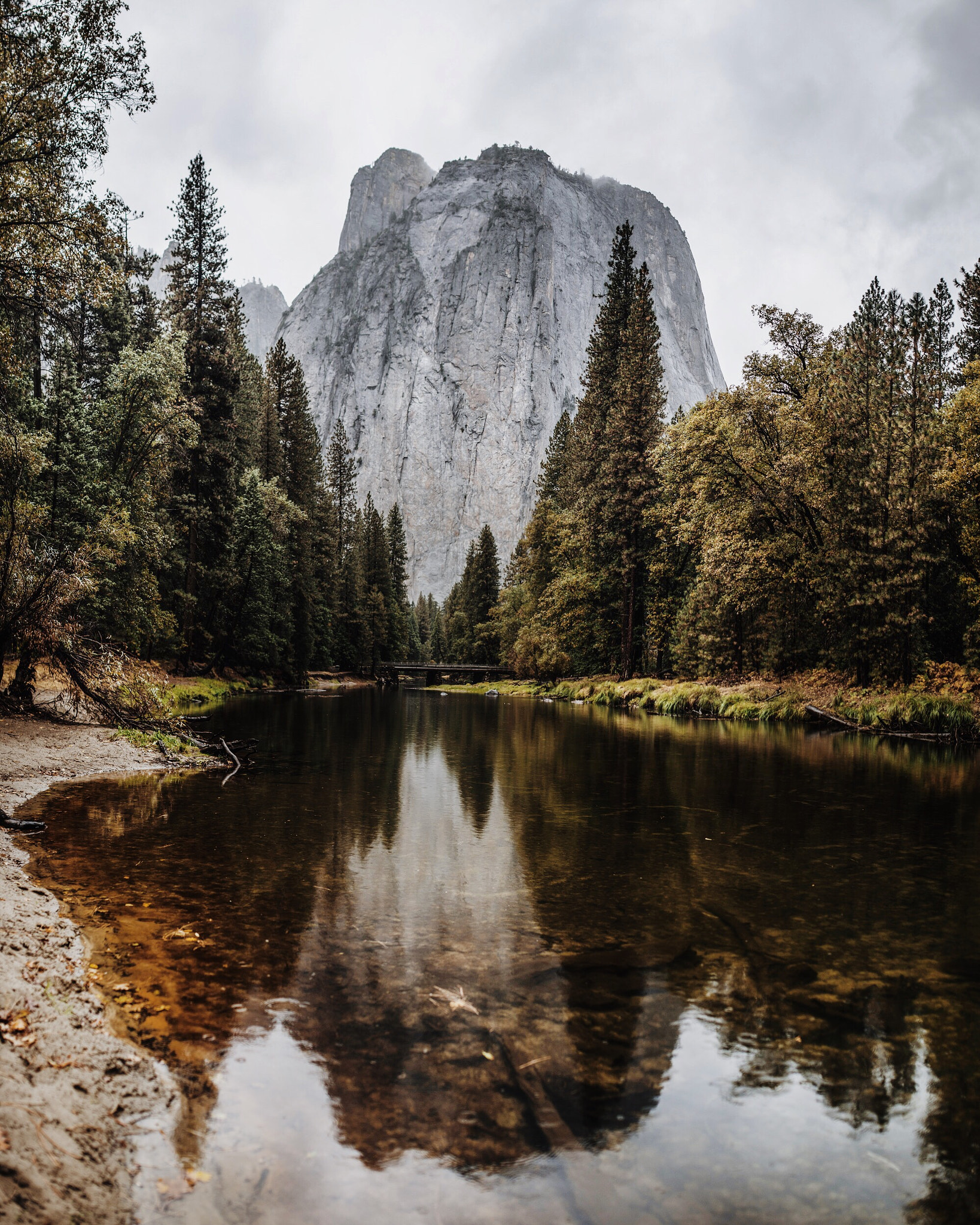 Nikon D4 + Sigma 35mm F1.4 DG HSM Art sample photo. Stormy cathedral reflection. merced river. yosemite. california. photography