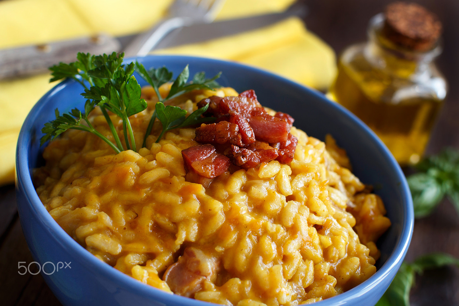 Canon EOS 650D (EOS Rebel T4i / EOS Kiss X6i) + Canon EF 50mm F1.2L USM sample photo. Risotto with a pumpkin and bacon photography