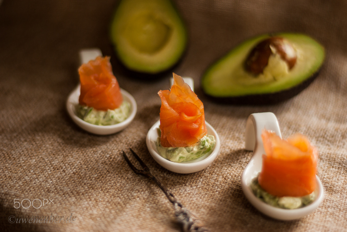 Pentax K10D sample photo. Smoked salmon with tatar of avocado photography