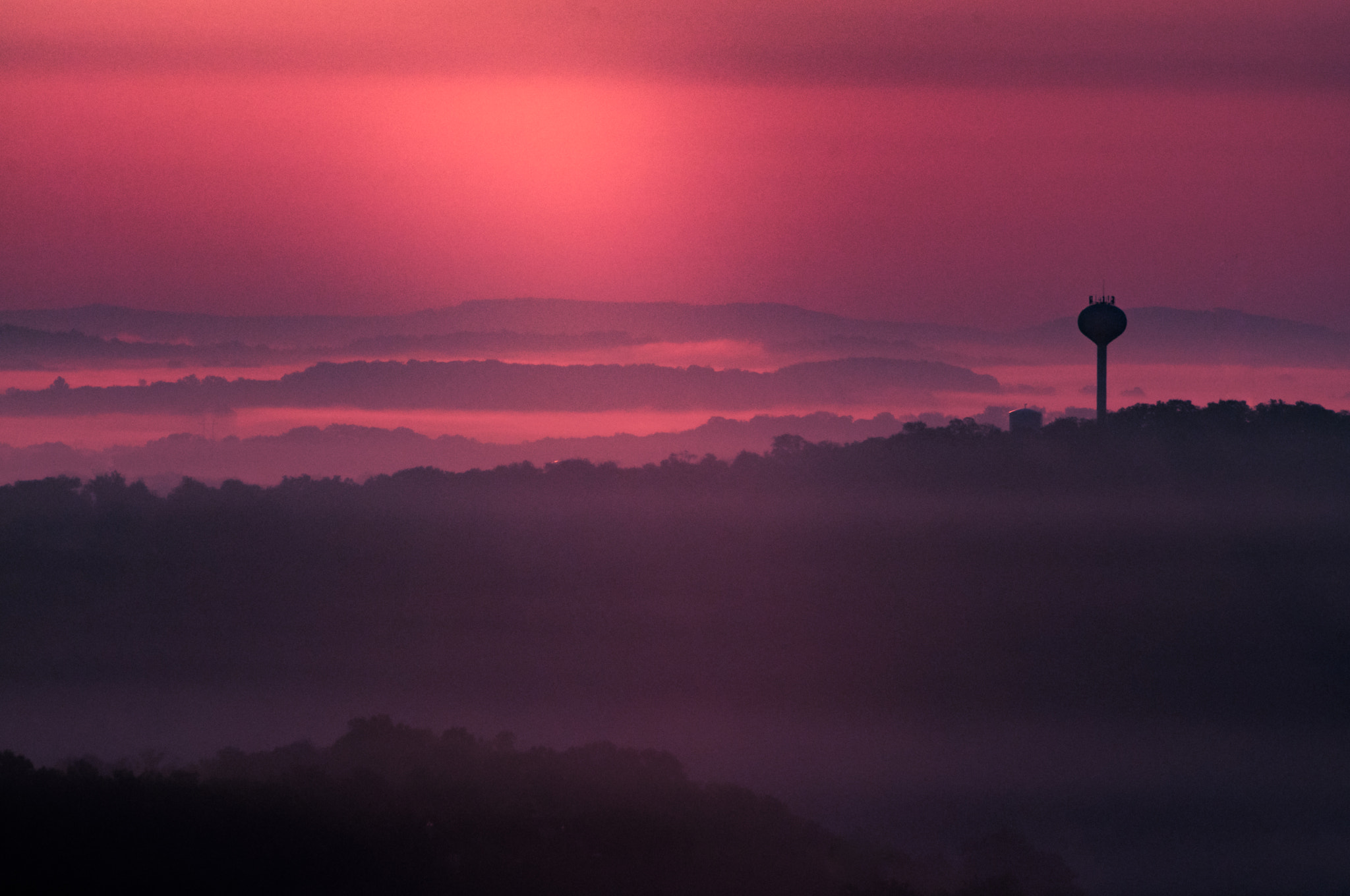 Nikon D5000 + Tamron SP 70-300mm F4-5.6 Di VC USD sample photo. Water tower sunrise in the ozarks photography