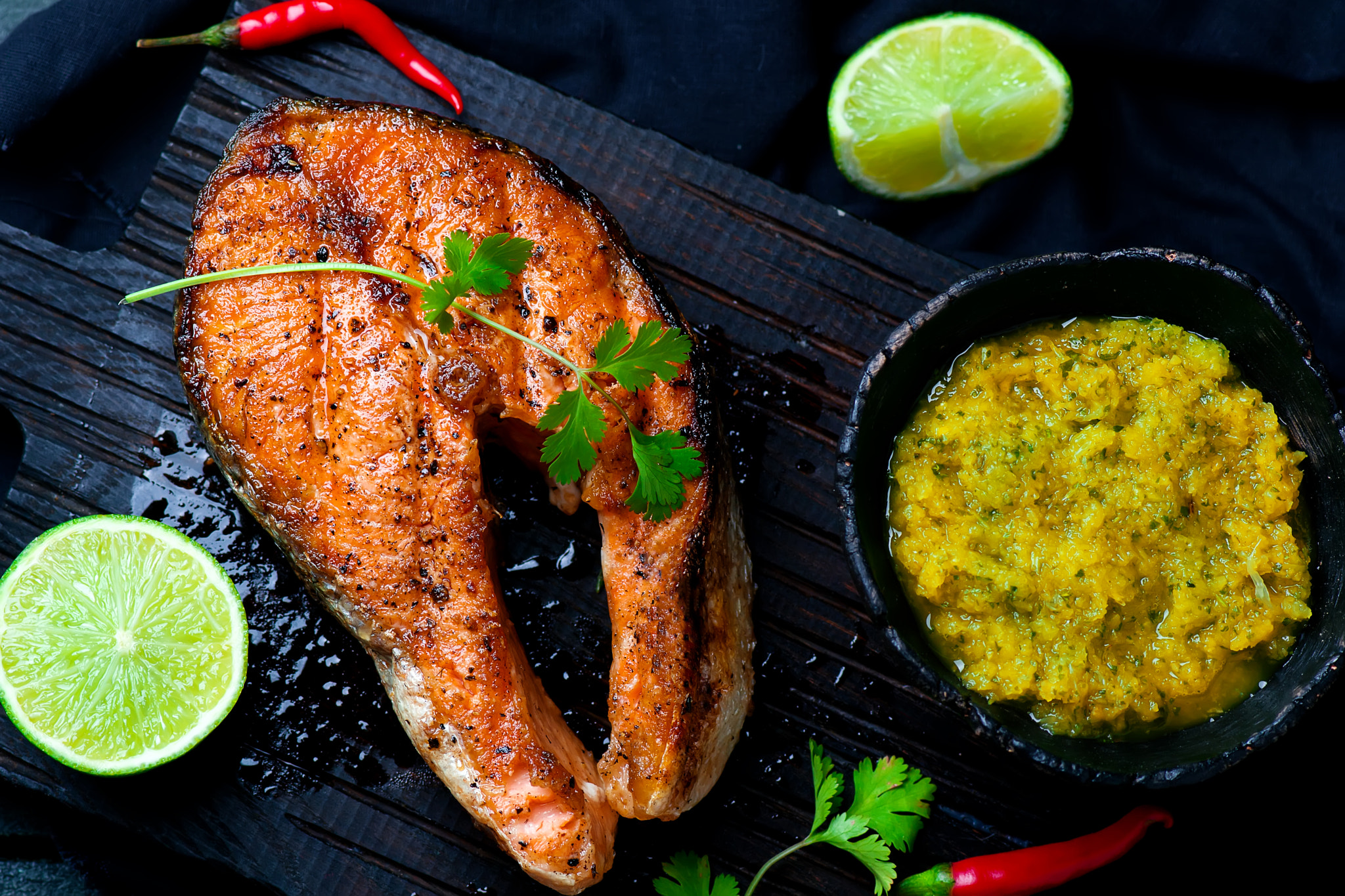 Nikon D3100 sample photo. Grilled salmon steaks with mango dip photography