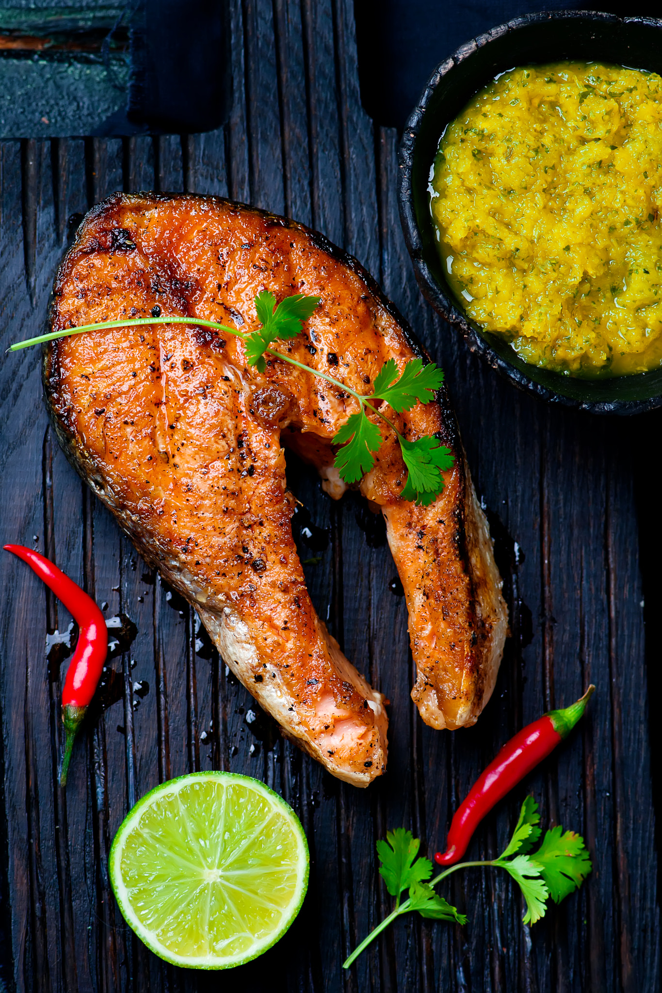 Nikon D3100 sample photo. Grilled salmon steaks with mango dip photography