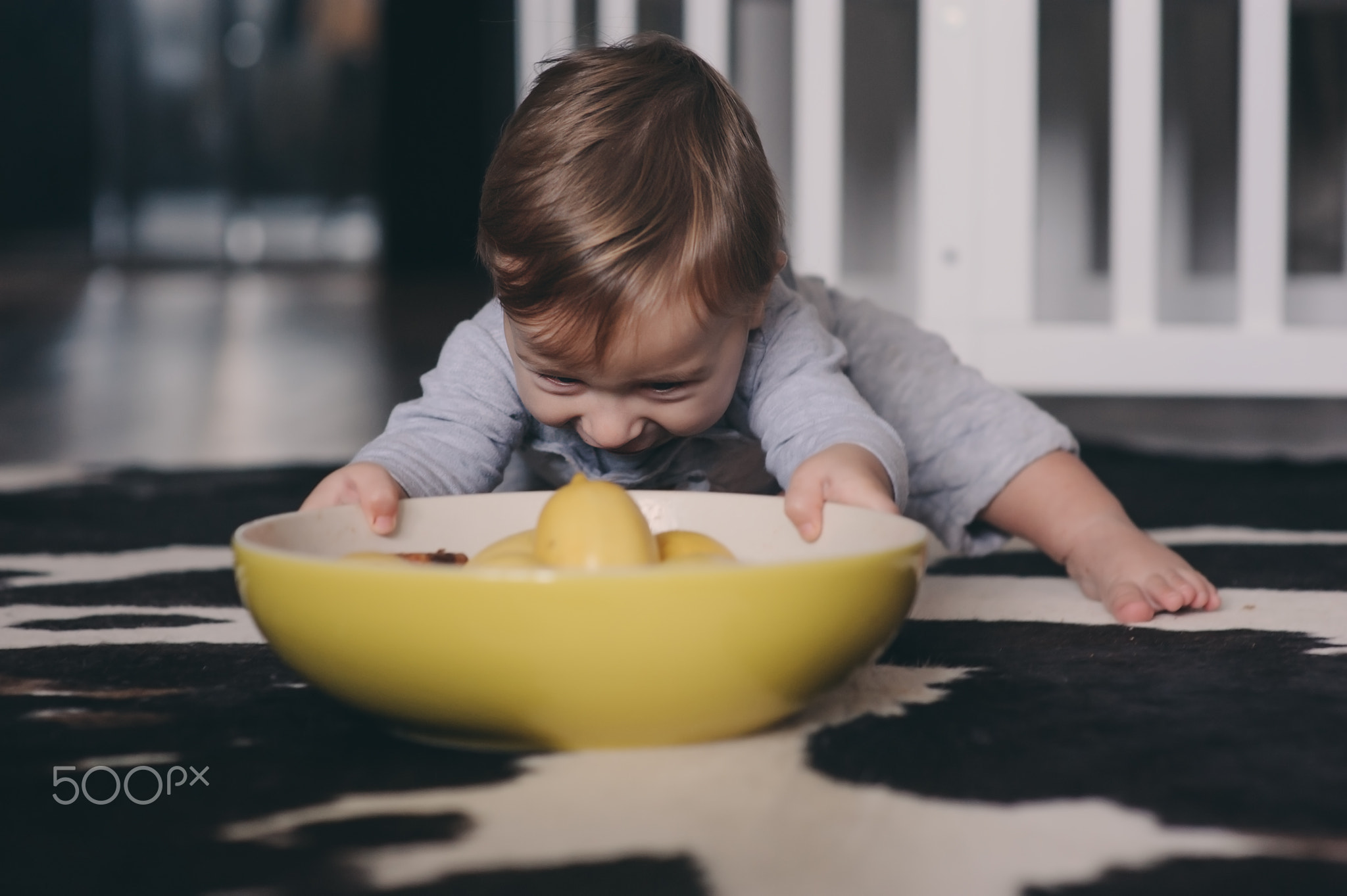 cute happy baby boy eating cookies at home and playing with plate of lemons. Lifestyle indoor...