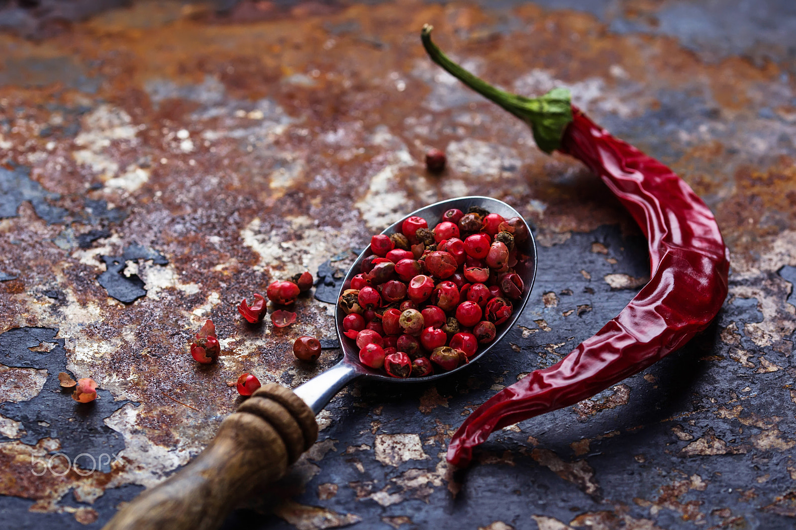 Sigma 105mm F2.8 EX DG OS HSM sample photo. Red chili peppers and rose pepper on slate background photography