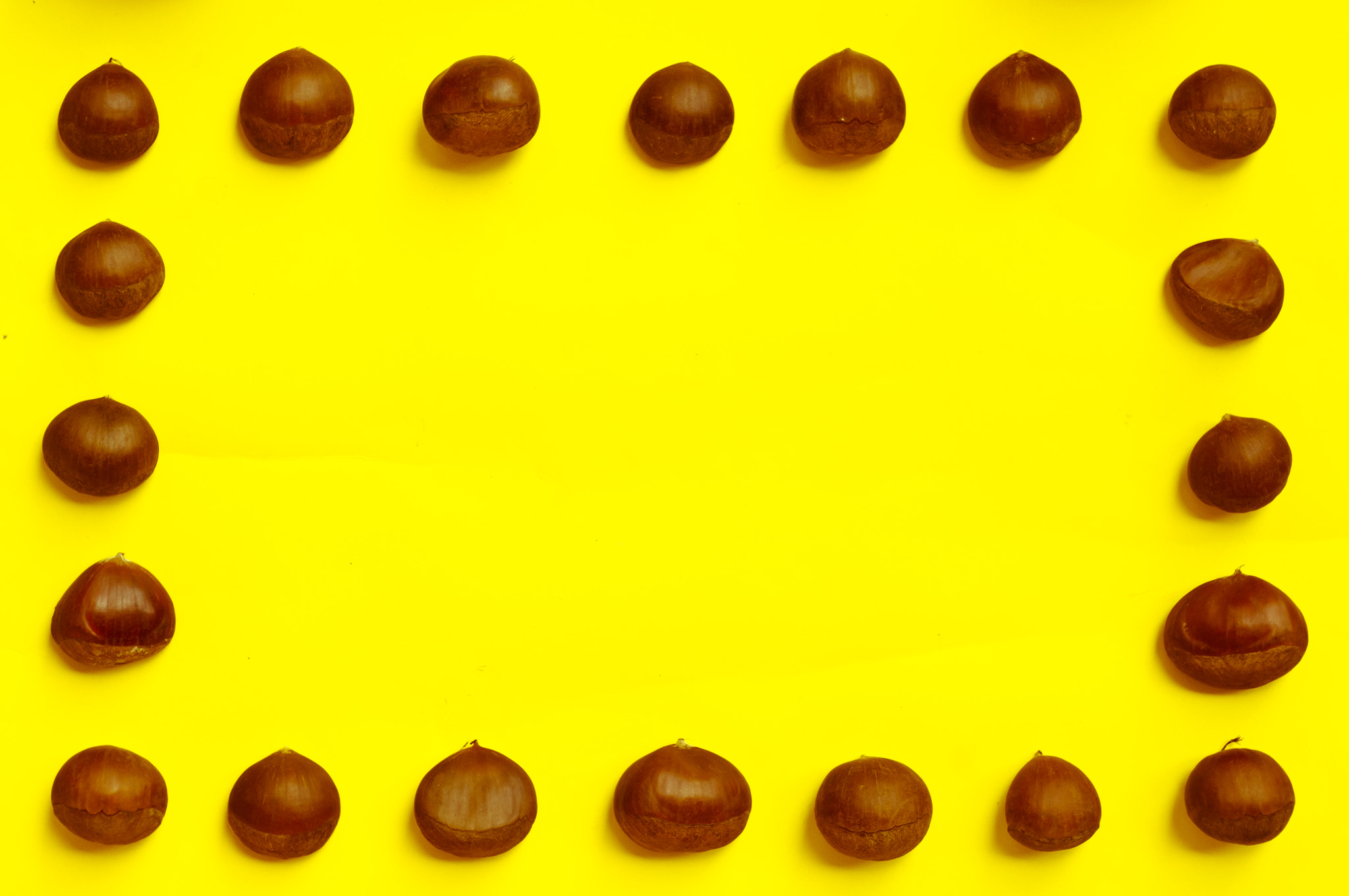 Nikon D2X sample photo. Chestnuts pattern on yellow background top view chestnut photography