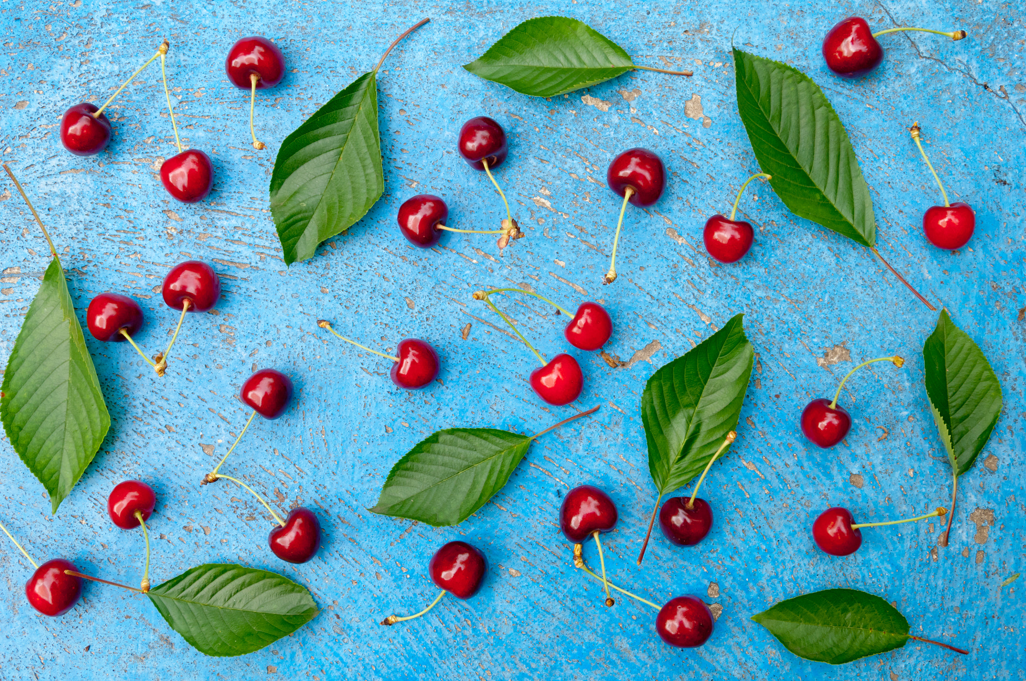 Nikon D2X + Nikon AF-S DX Nikkor 17-55mm F2.8G ED-IF sample photo. Cherry cherries with leaves on light blue background photography