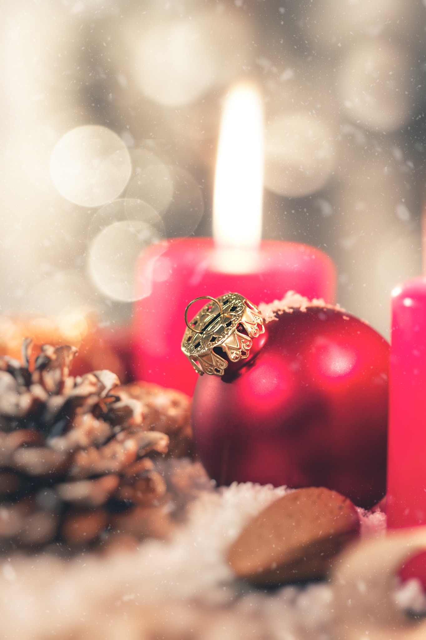 Canon EF 100mm F2.8L Macro IS USM sample photo. Christmas ball with decoration with candles, fir cones, nuts, snow and ribbon, closeup, toned photography