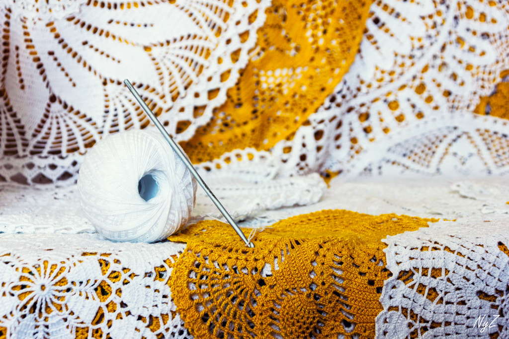 Canon TS-E 90mm F2.8 Tilt-Shift sample photo. White/gold crochet-work photography