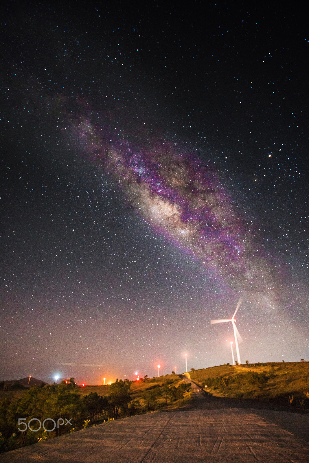 Sony a7R + Canon EF 16-35mm F2.8L USM sample photo. Road to the milky way and wind farm photography