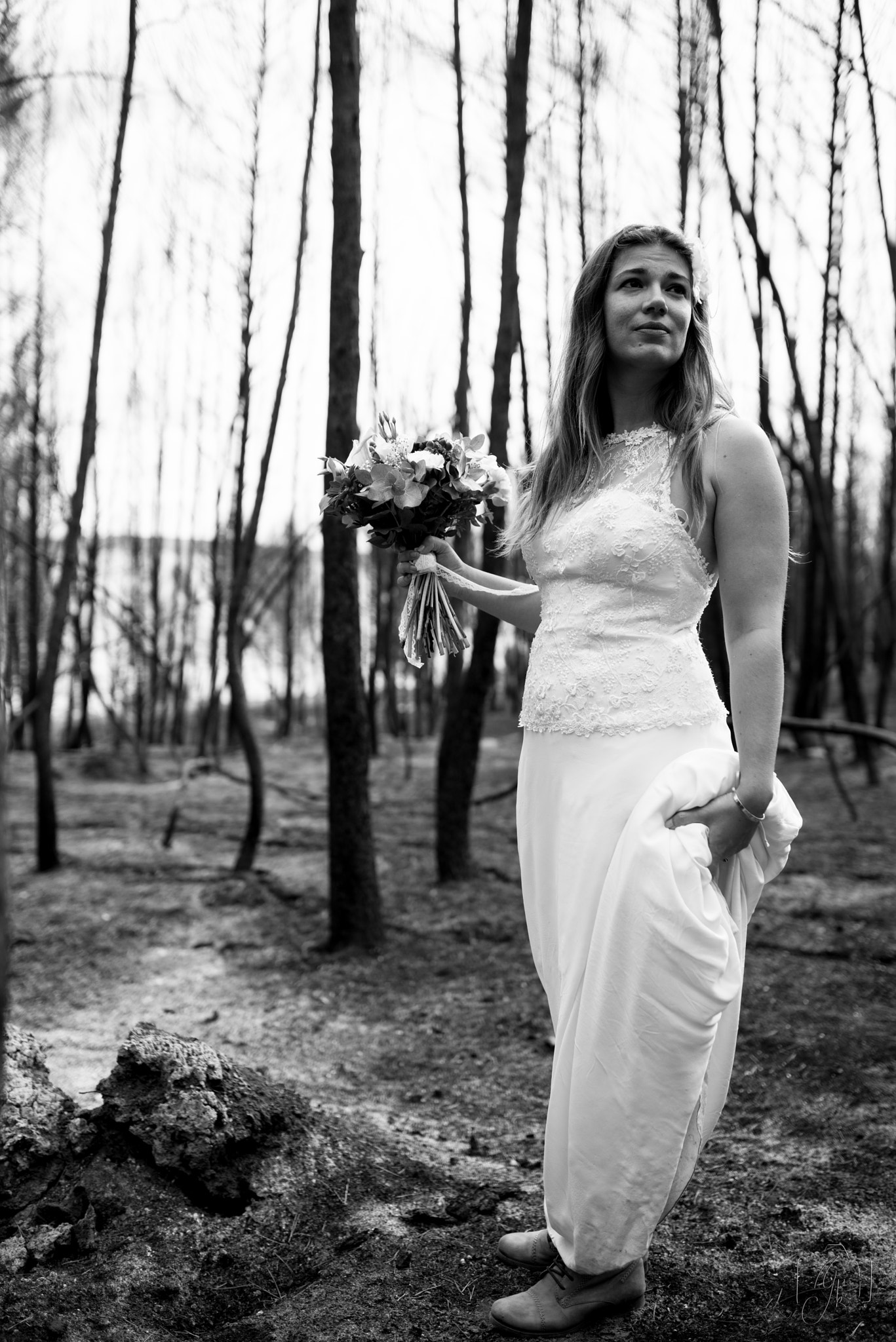 Pentax K-1 sample photo. Bride lost in burnt forest photography