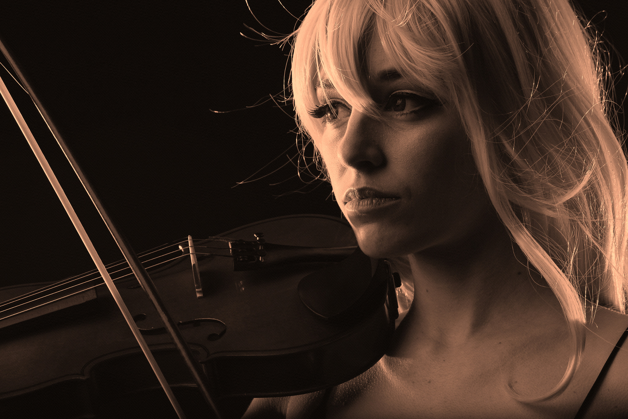 Canon EF-S 55-250mm F4-5.6 IS II sample photo. Violon in sepia photography