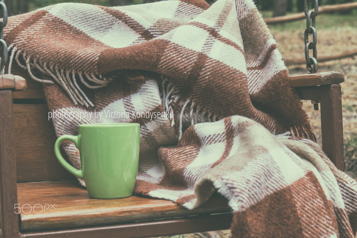 Green cup and a blanket on a wooden swing