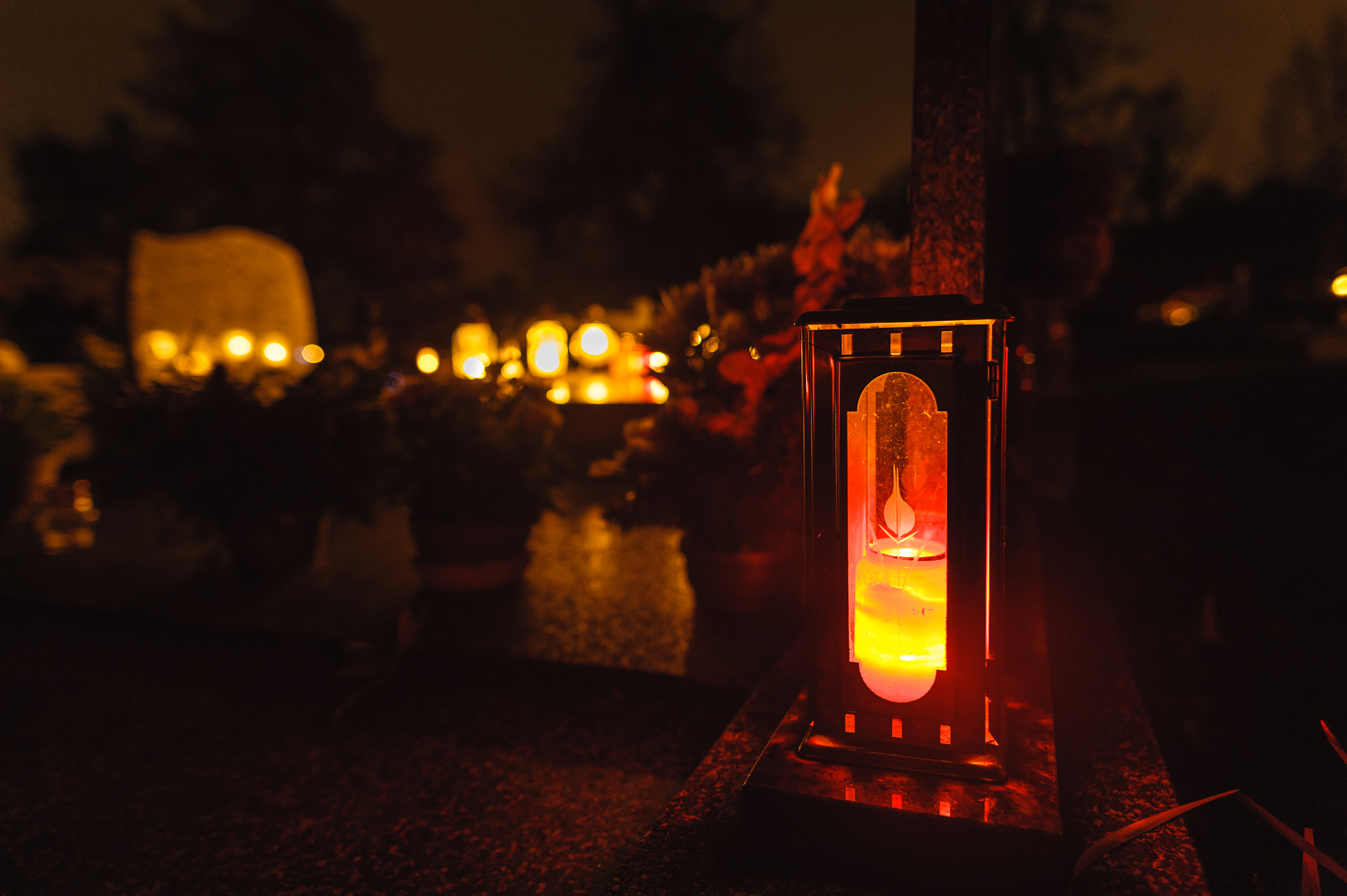 Nikon D700 + Sigma 24mm F1.8 EX DG Aspherical Macro sample photo. Grave candles on cemetery at night.deceased holiday in poland. photography