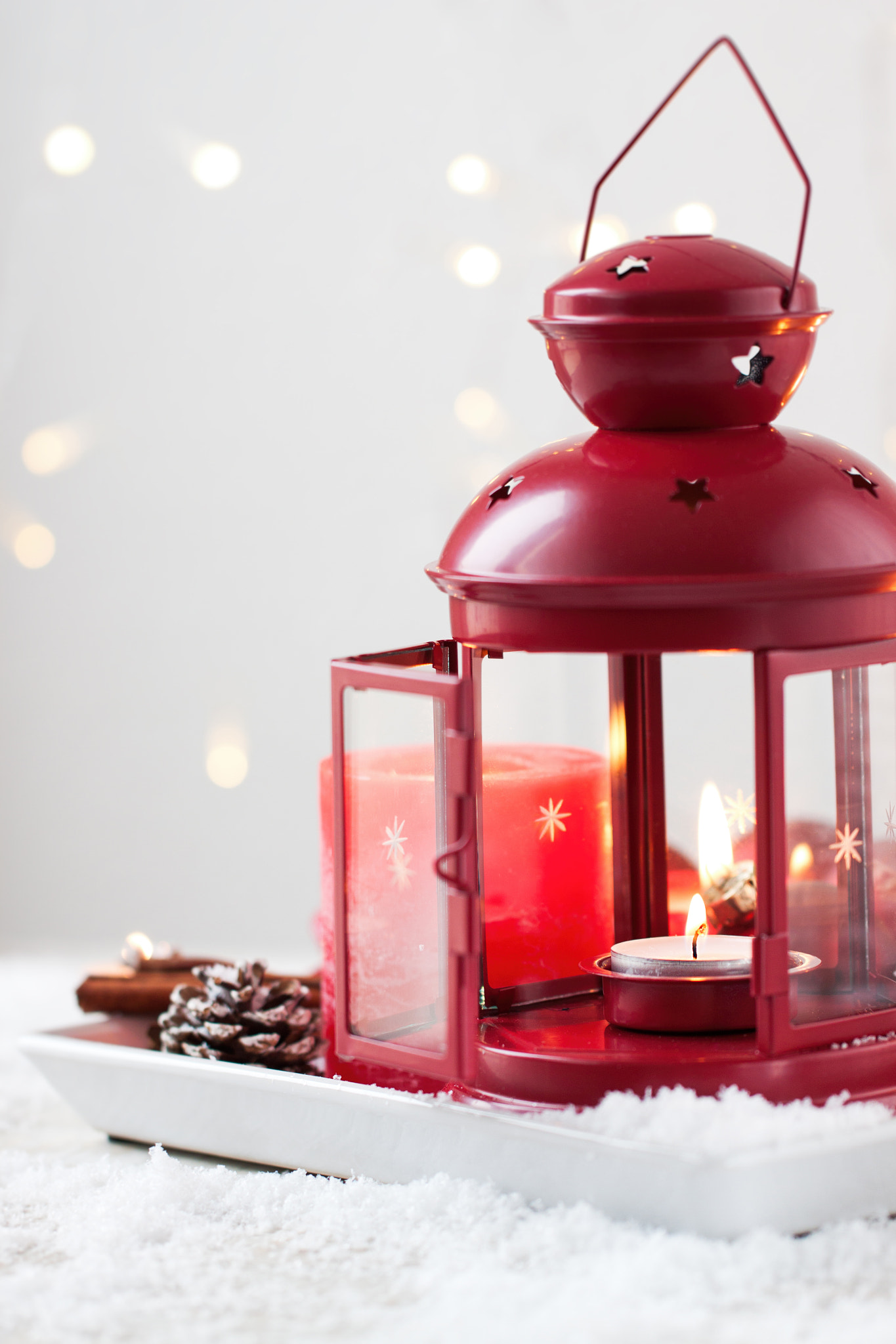 Canon EF 100mm F2.8L Macro IS USM sample photo. Christmas lantern with candles, snow, christmas decorations and fir cones, closeup photography