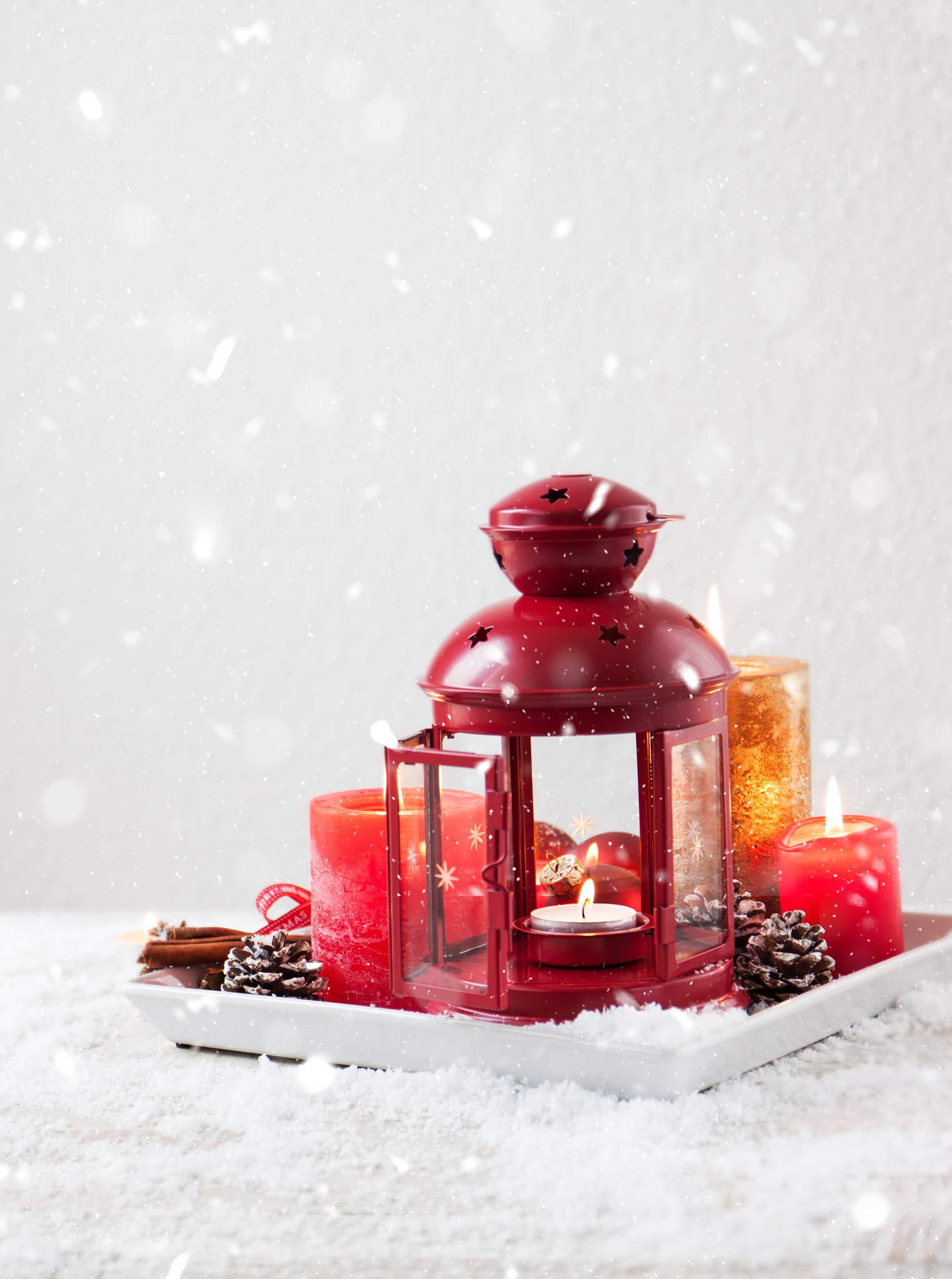 Canon EF 24-70mm F4L IS USM sample photo. Christmas lantern with candles, snow, christmas decorations and fir cones, copy space photography