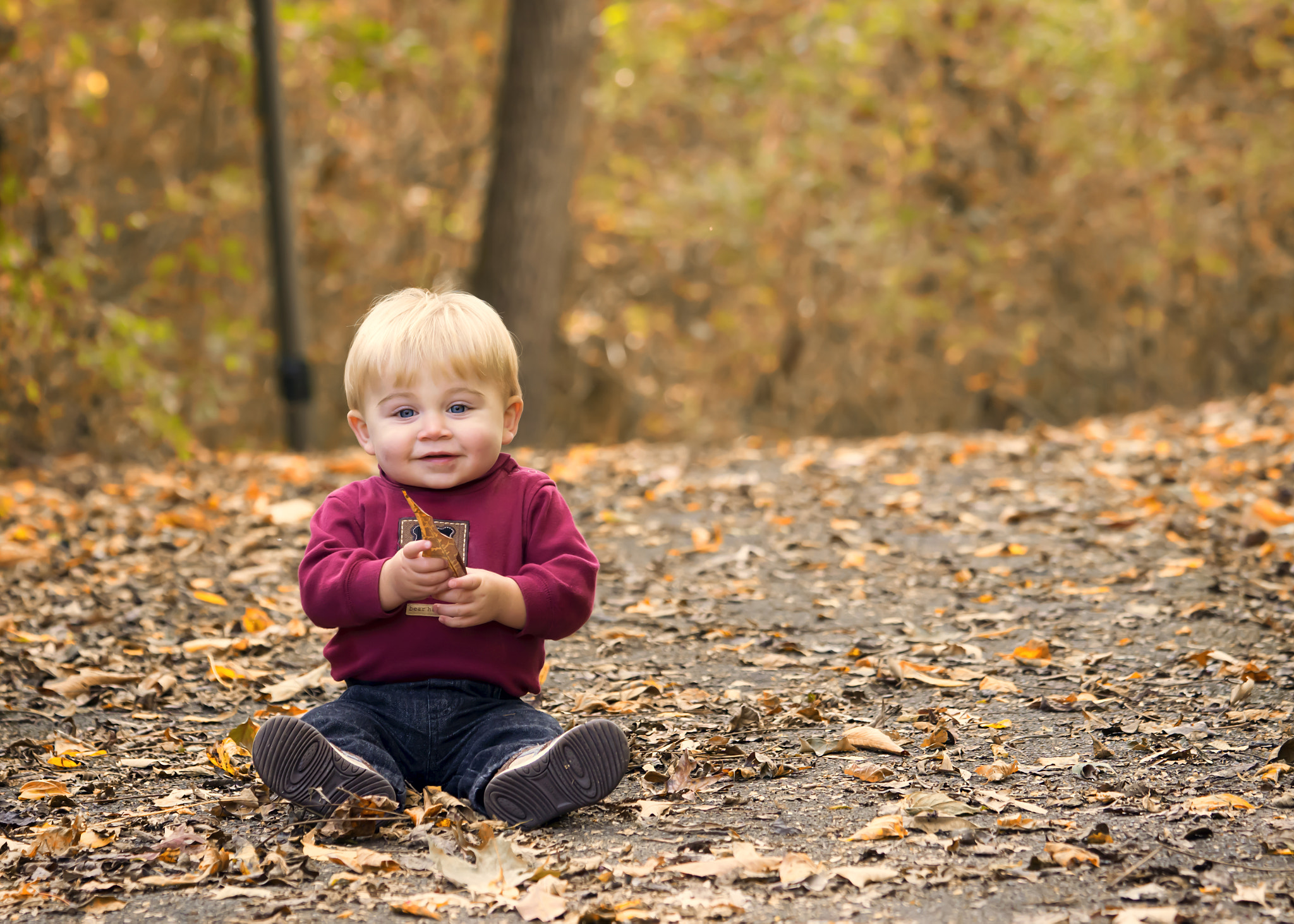 Sony a6000 + Sony FE 90mm F2.8 Macro G OSS sample photo. Baby boy enjoying fall leaves photography