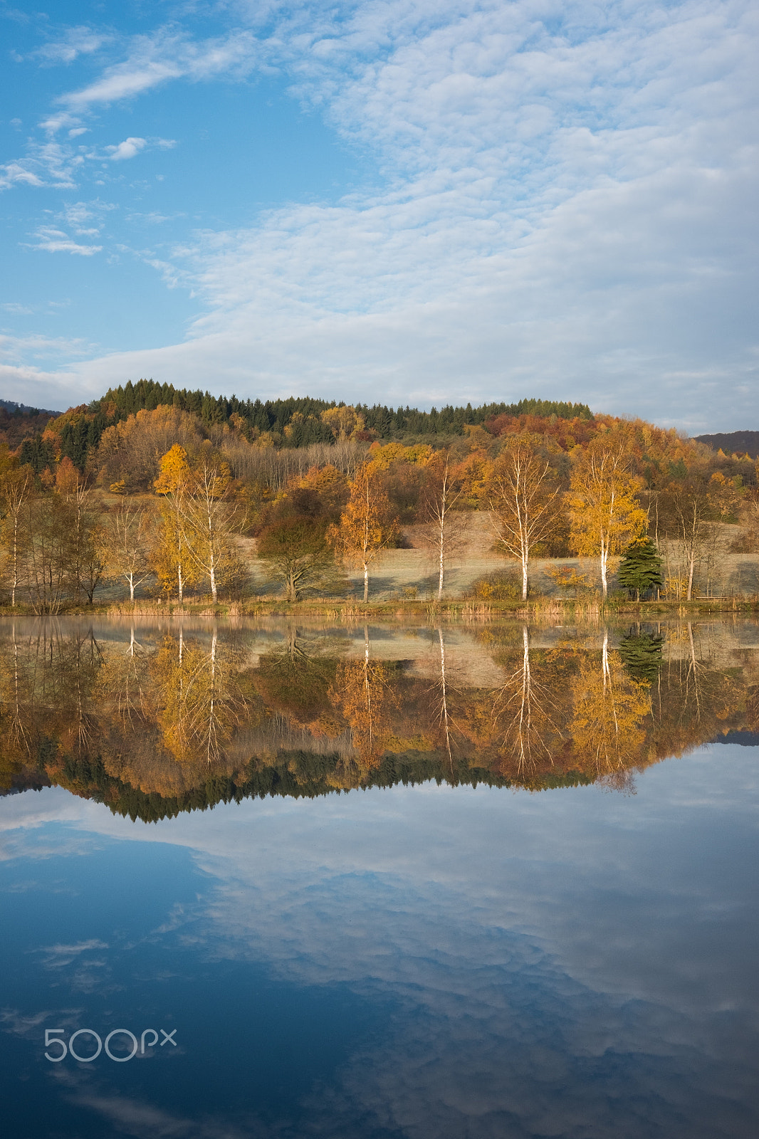 Fujifilm X-E2S + Fujifilm XF 27mm F2.8 sample photo. Autumn trees are mirrored on the surface of the la photography