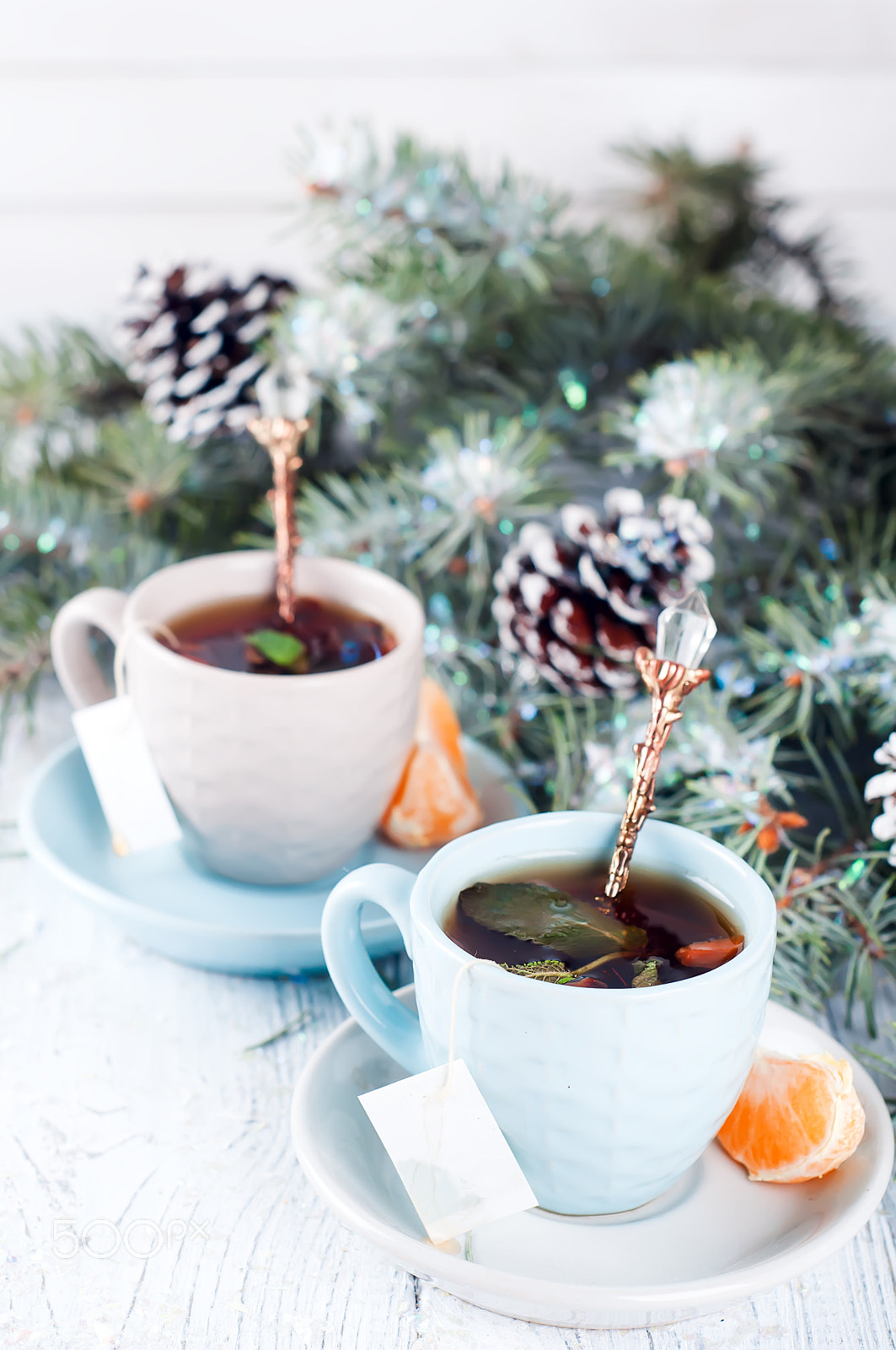 Nikon D90 + AF Nikkor 50mm f/1.8 sample photo. Two tea cups with teabag and xmas tree photography