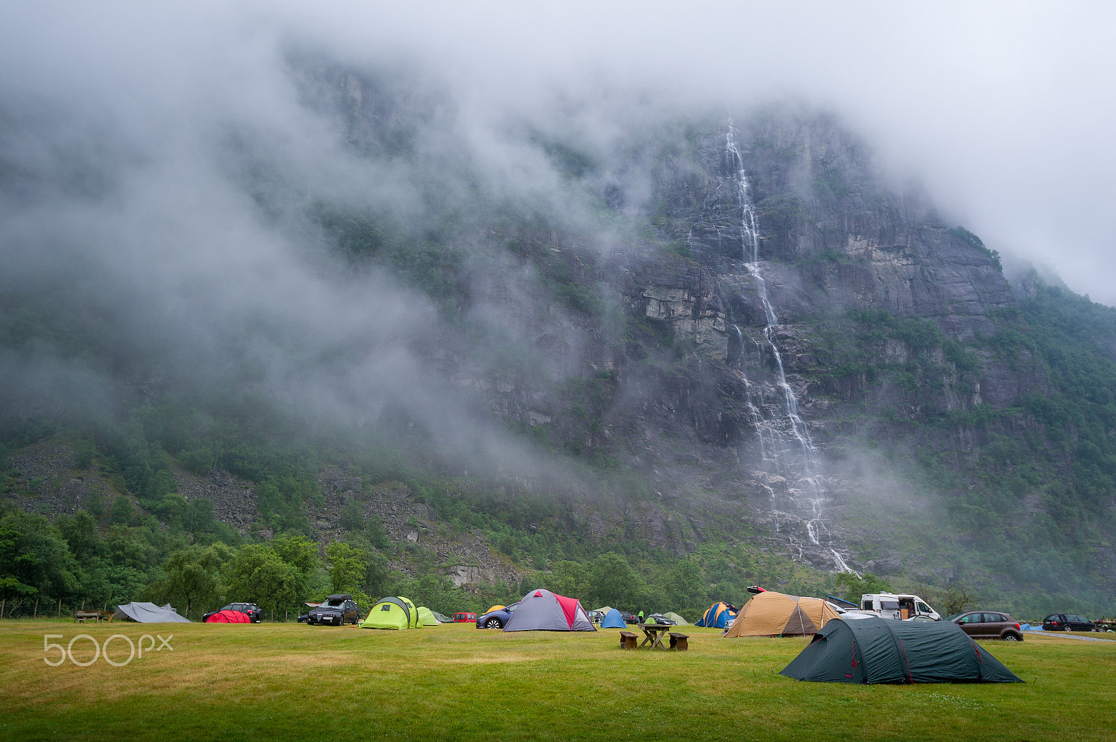 Nikon D3S sample photo. Tents at lusebotn camping under the mountain. lyse fjord, norway. photography