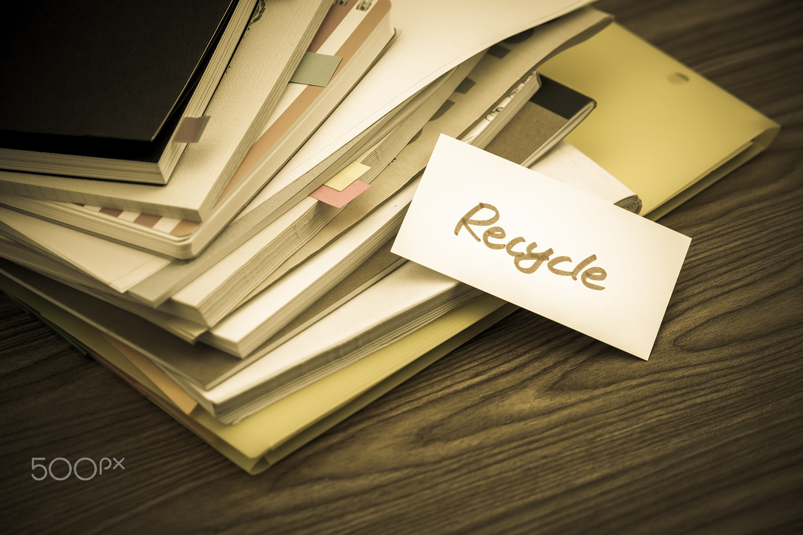 Canon EF-S 55-250mm F4-5.6 IS sample photo. Recycle; the pile of business documents on the desk photography