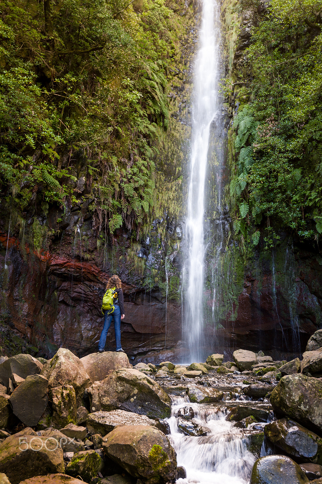 Nikon D3S + Nikon AF-S Nikkor 16-35mm F4G ED VR sample photo. Woman tourist and main waterfall at levada 25 fountains in rabacal, madeira island photography
