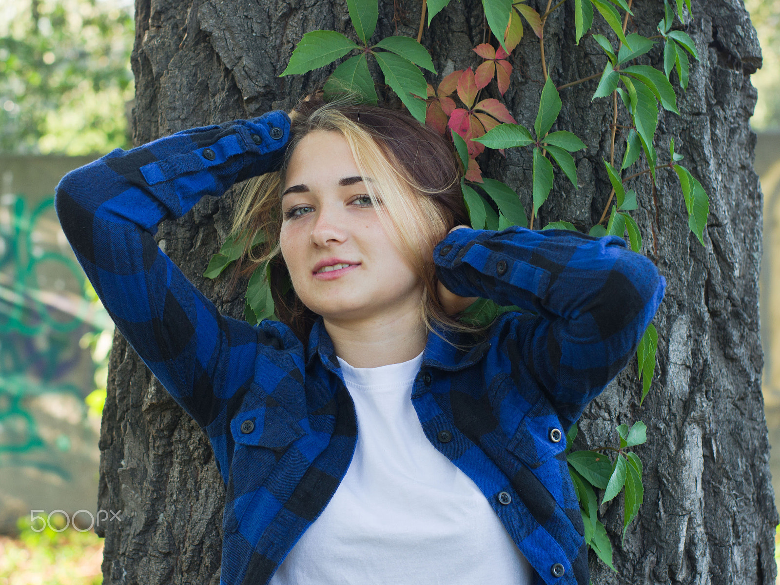 Pentax K-5 IIs + Pentax smc FA 50mm F1.4 sample photo. Girl in plaid shirt on the background of poplar. photography