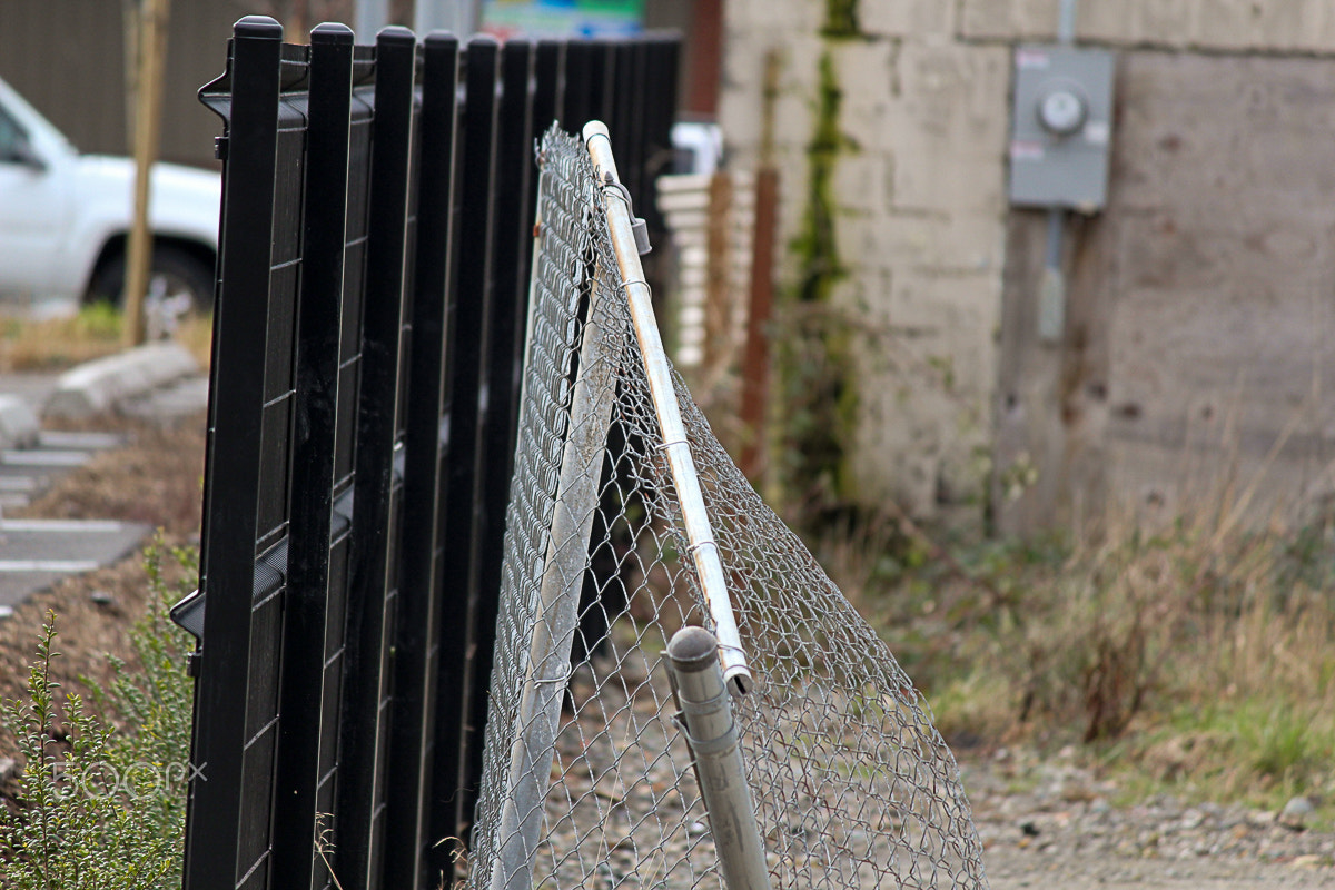 Canon EOS 100D (EOS Rebel SL1 / EOS Kiss X7) sample photo. Broken fence in urban neighborhood photography