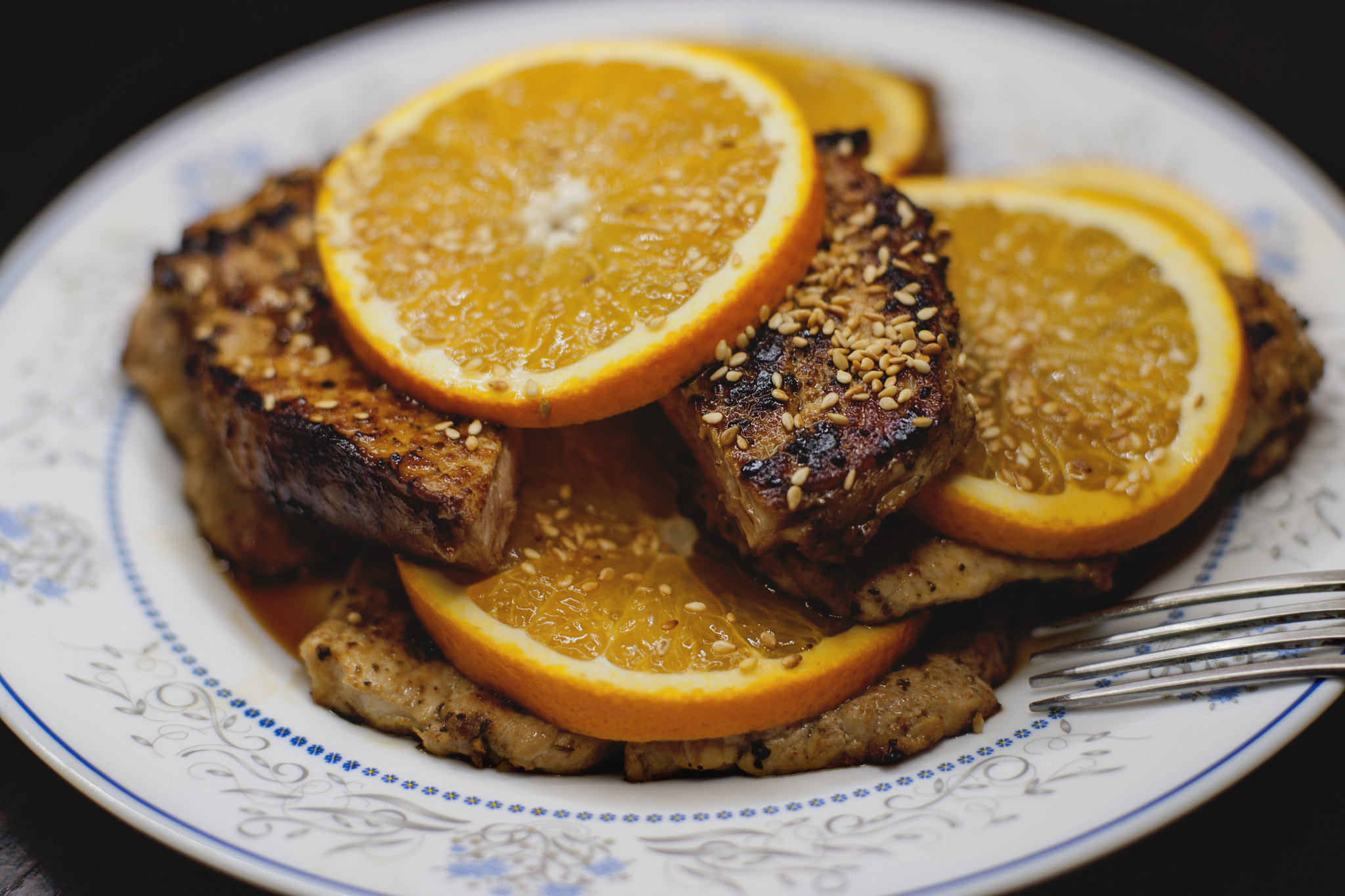 Canon EOS-1D Mark III sample photo. Pork and orange "sauce" photography