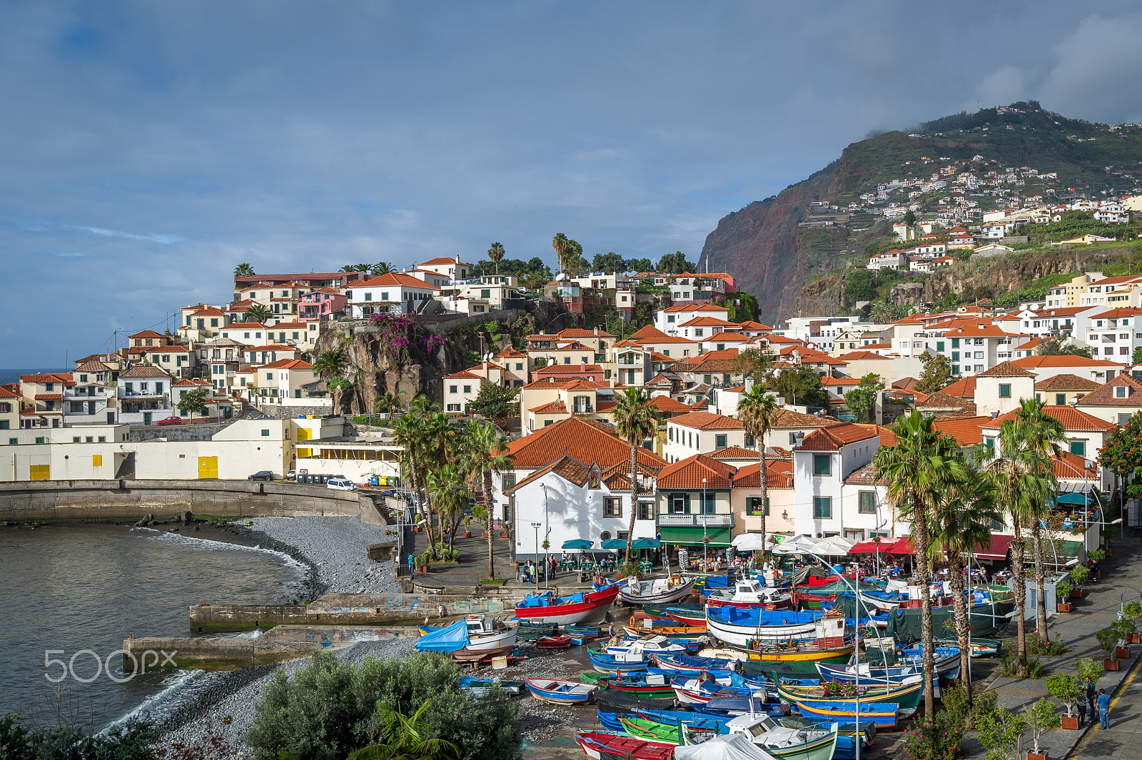 Nikon D3S sample photo. Aerial view to camara de lobos town and fishing boats harbor photography