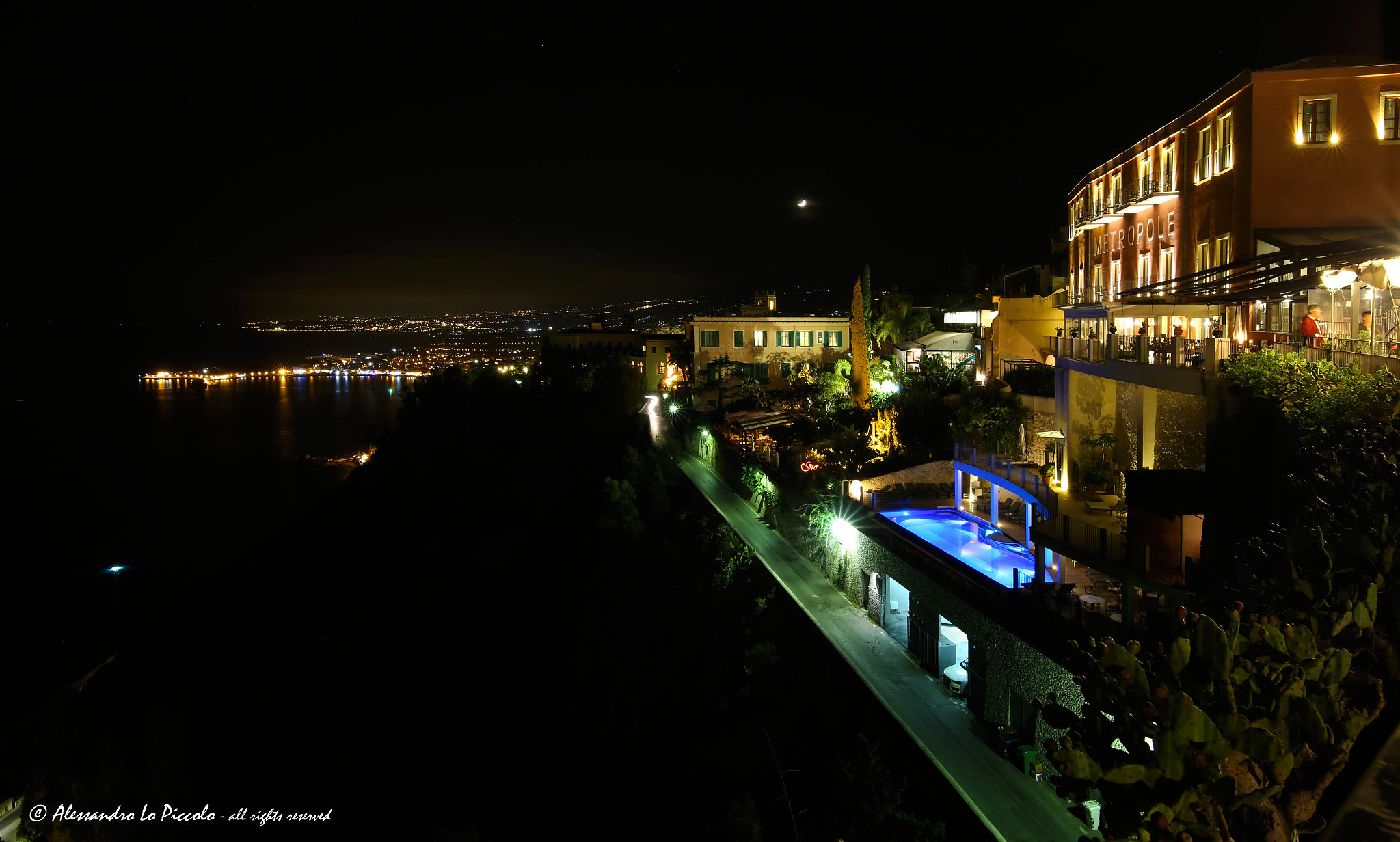 Canon EOS 6D + Tamron SP 15-30mm F2.8 Di VC USD sample photo. Taormina "by night" with a slice of moon on etna photography