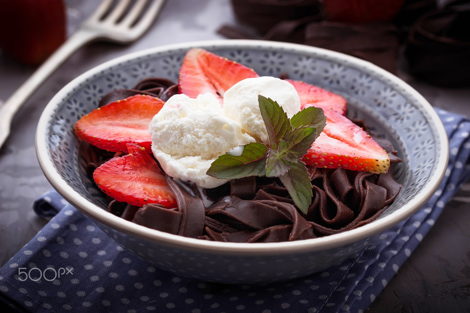 Nikon D3100 + Sigma 105mm F2.8 EX DG OS HSM sample photo. Chocolate pasta with ice cream and strawberry photography