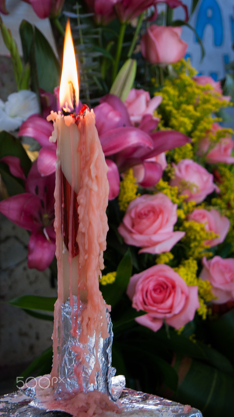 Sony Alpha DSLR-A380 + Sony DT 18-55mm F3.5-5.6 SAM sample photo. Candle and pink roses photography