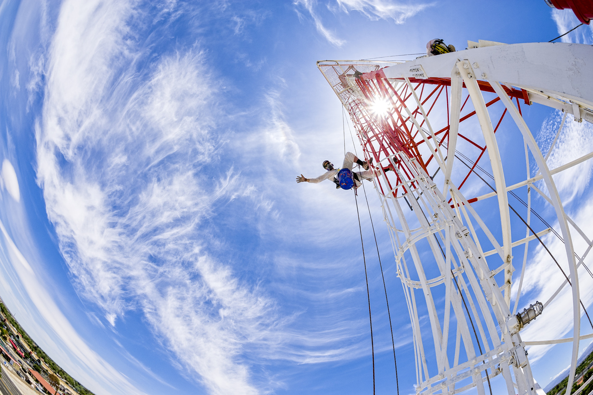 Nikon D700 + Nikon AF Fisheye-Nikkor 16mm F2.8D sample photo. Rope access technician on radio tower photography