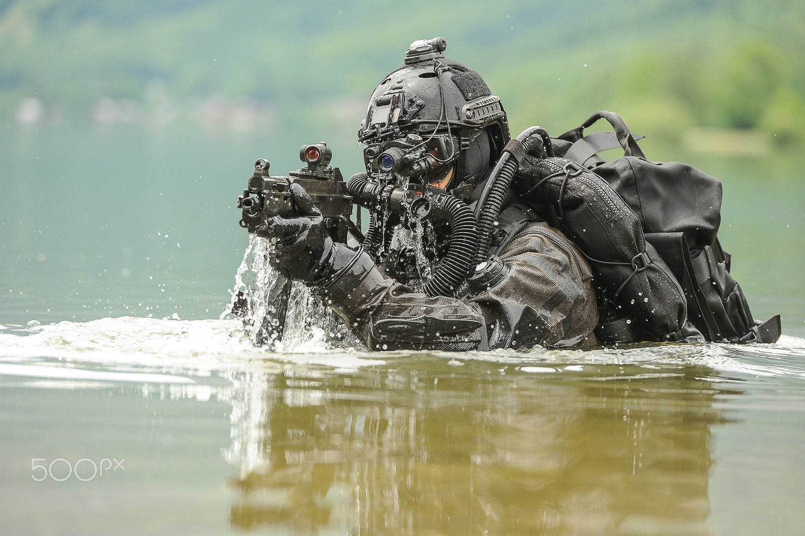 Nikon D3 + Nikon AF-S Nikkor 70-200mm F2.8G ED VR II sample photo. Frogman with complete diving gear and weapons in the water photography
