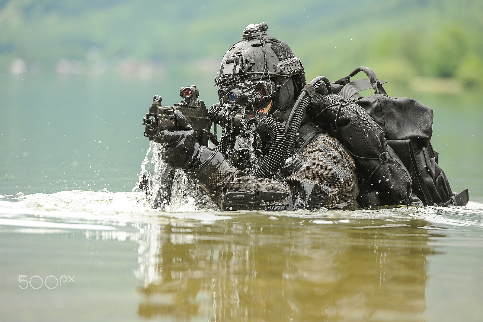 Nikon D3 sample photo. Frogman with complete diving gear and weapons in the water photography