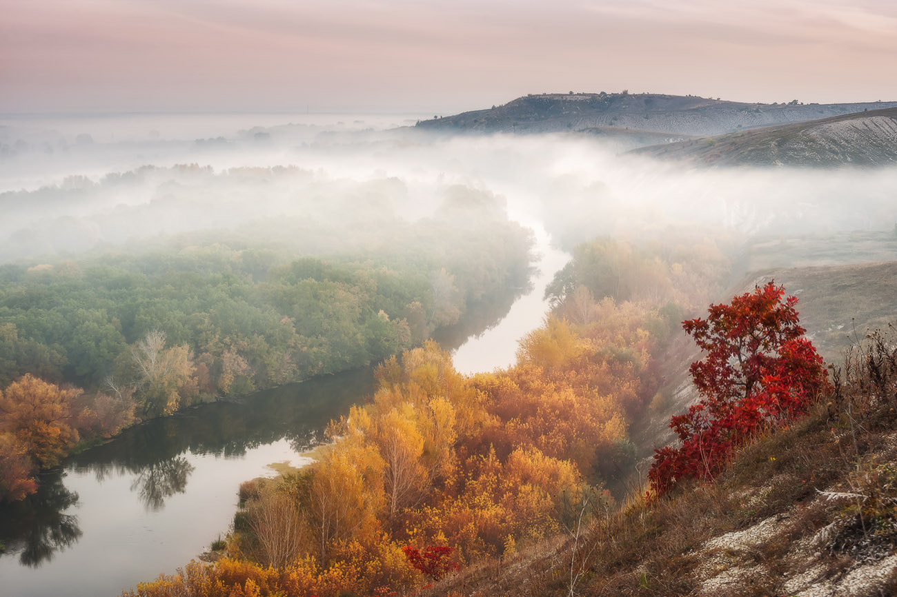 AF Zoom-Nikkor 28-105mm f/3.5-4.5D IF sample photo. Autumn fog on river photography