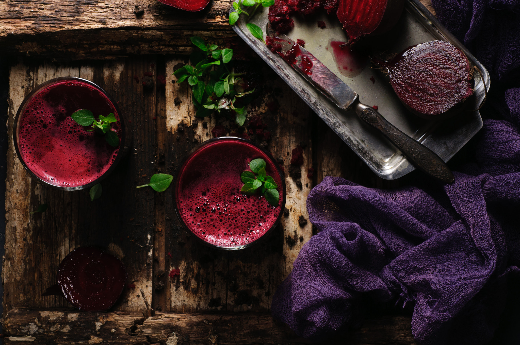 Nikon D90 + Nikon AF Micro-Nikkor 60mm F2.8D sample photo. Beet juice with basil on a wooden background with sunlight photography