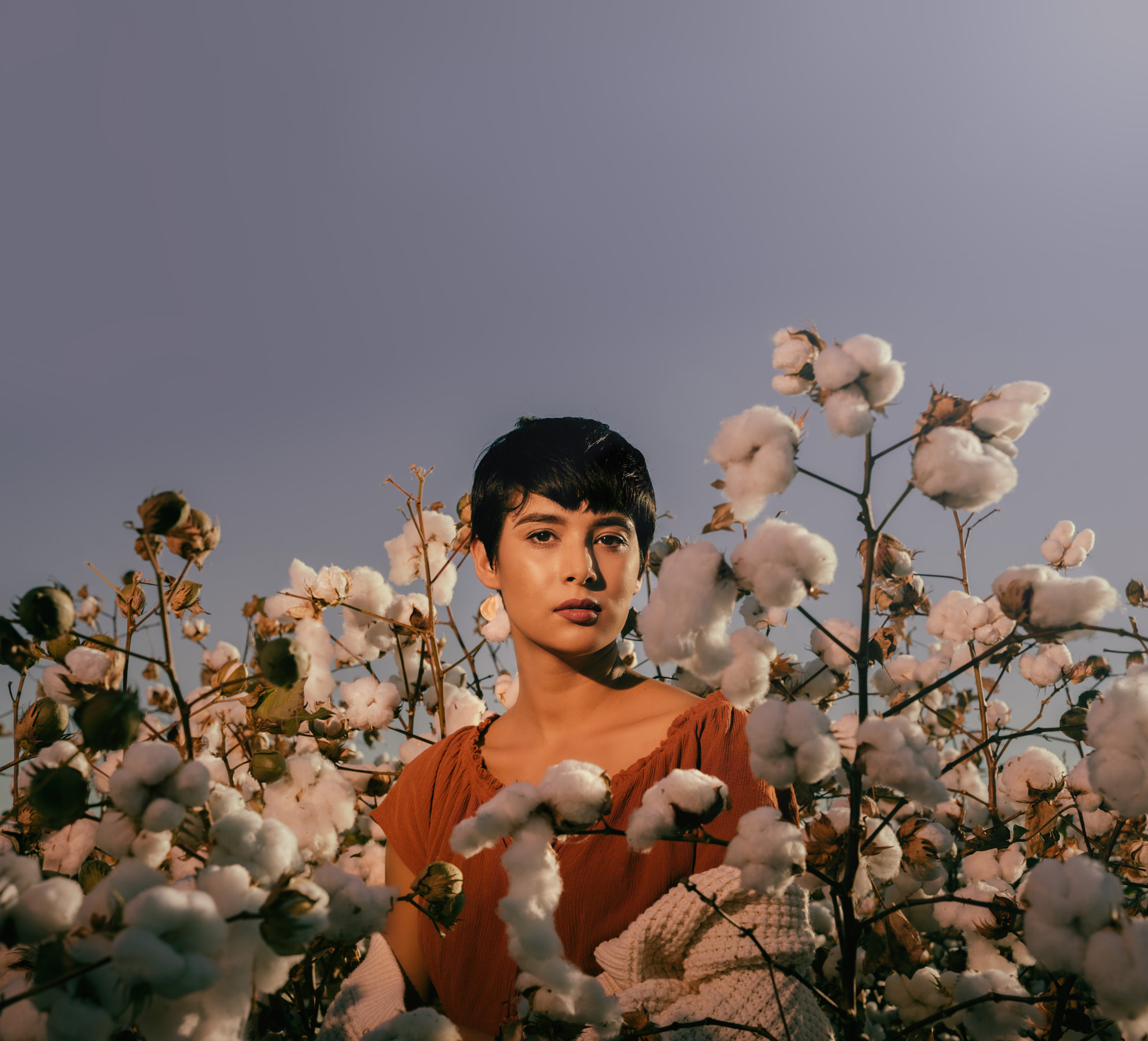 Beautiful young woman cotton field