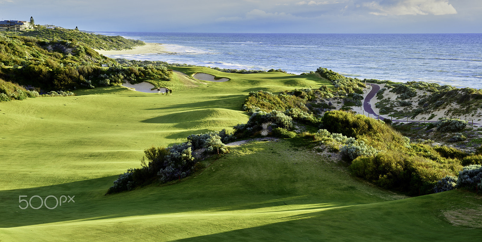 Phase One IQ180 + Schneider LS 150mm f/3.5 sample photo. The 12th hole panorama of the cut golf course photography