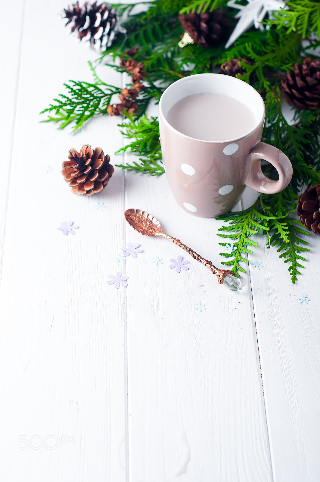 Nikon D90 + AF Nikkor 50mm f/1.8 sample photo. Vintage cup of hot cocoa on wooden background decorated with spruce and pine cones, photography