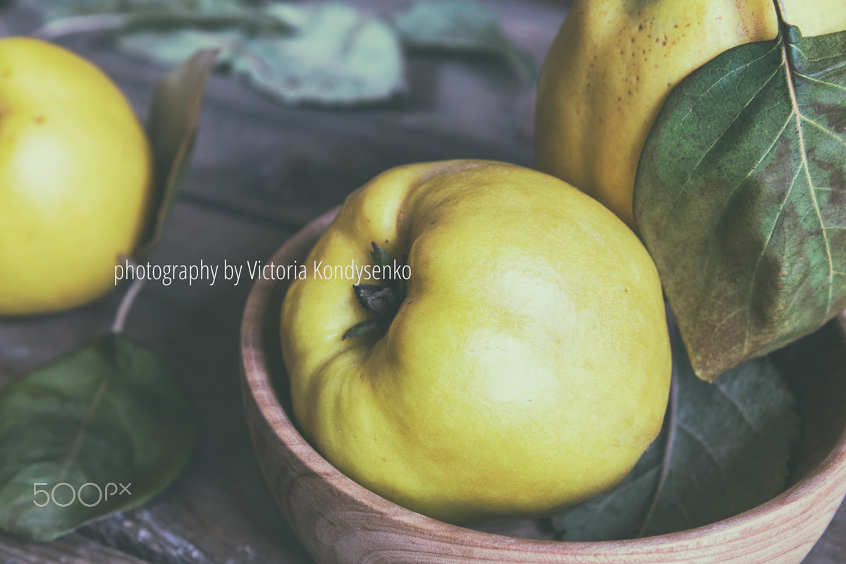 Fresh quince fruit on dark wooden table